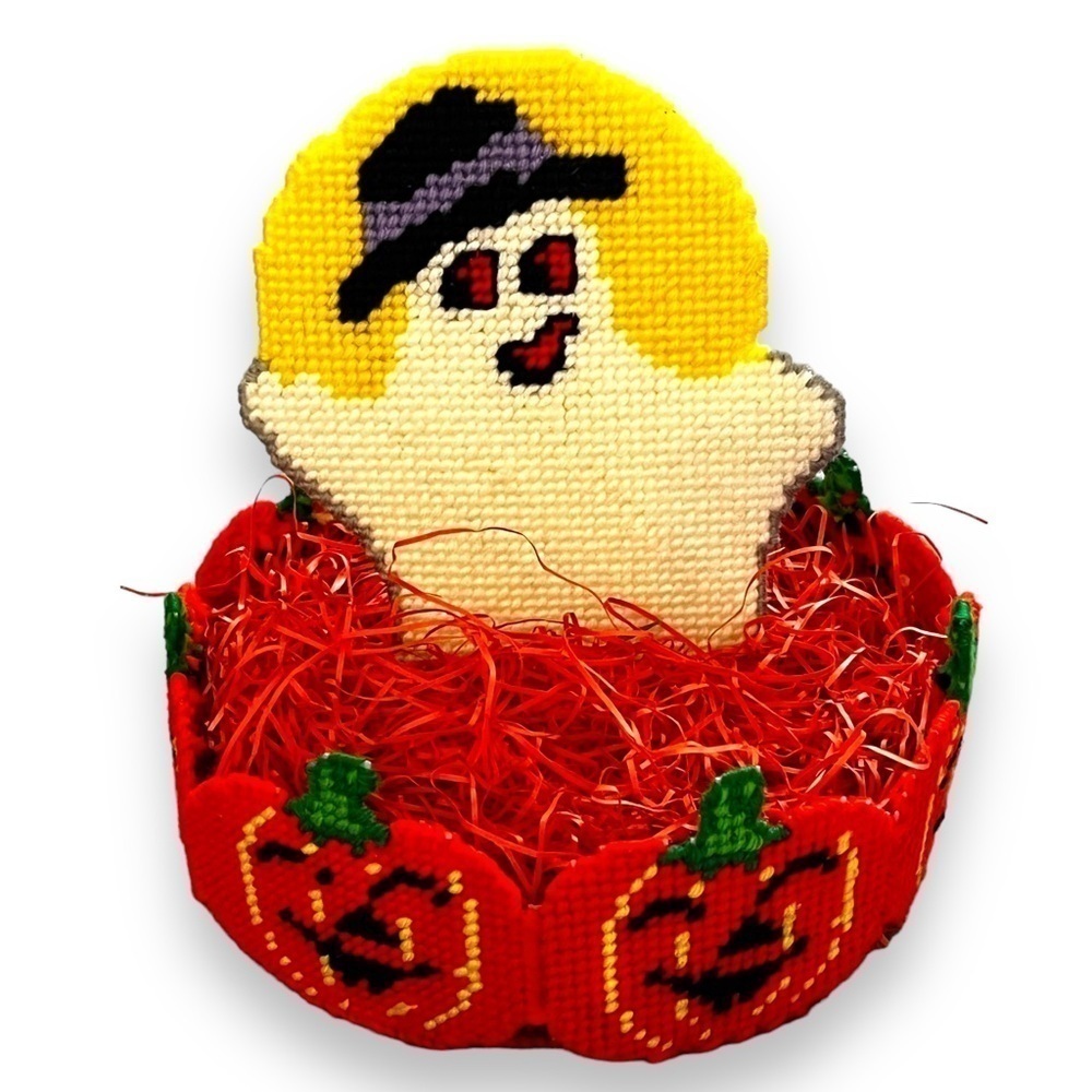 1990 Bucilla Halloween Treat Bowl Basket Ghost Pumpkins Plastic Canvas Handmade